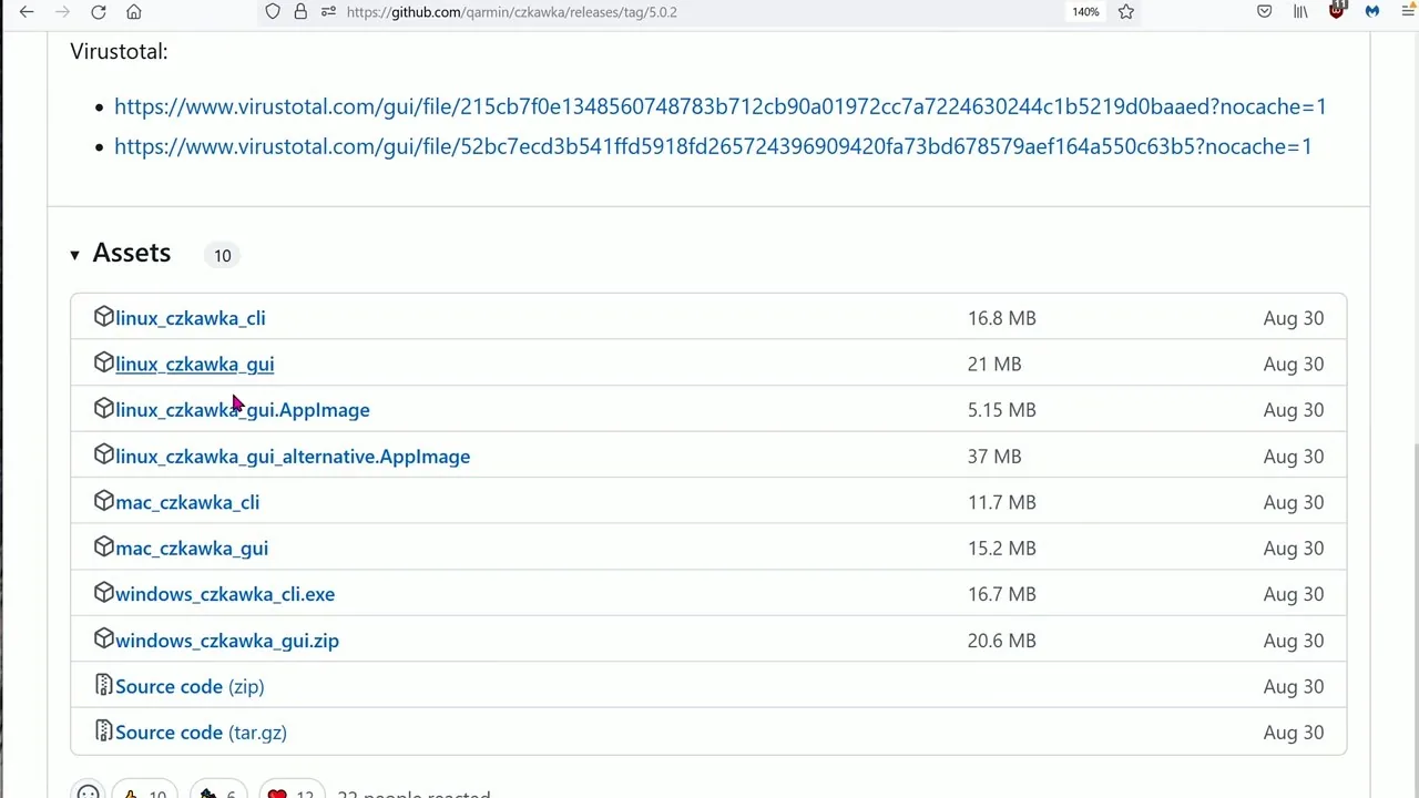 GitHub 发布页上的 Czkawka 下载资源
